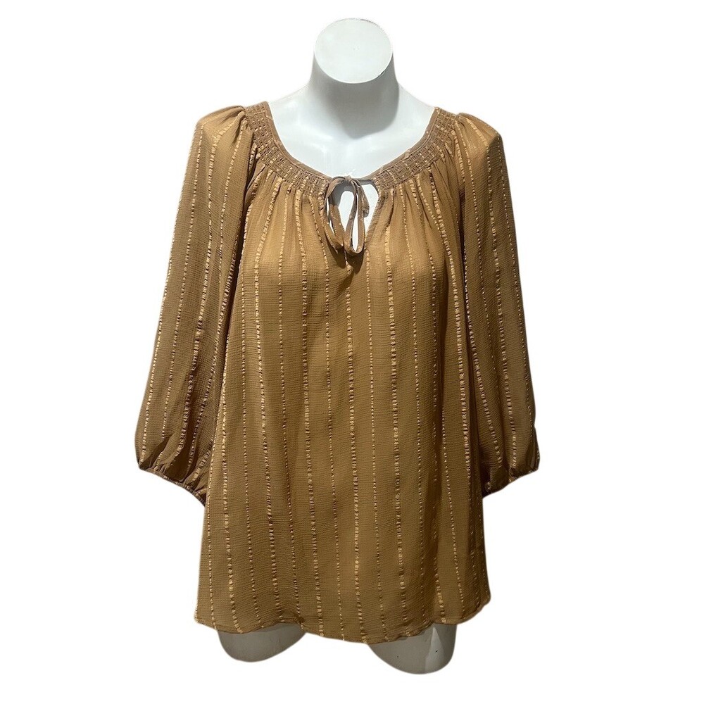 Torrid Blouse Womens Plus Size 2 Brown Striped Textured Tie-Neck Top